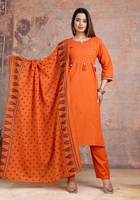 Rust Embroidery Cotton Kurta Set