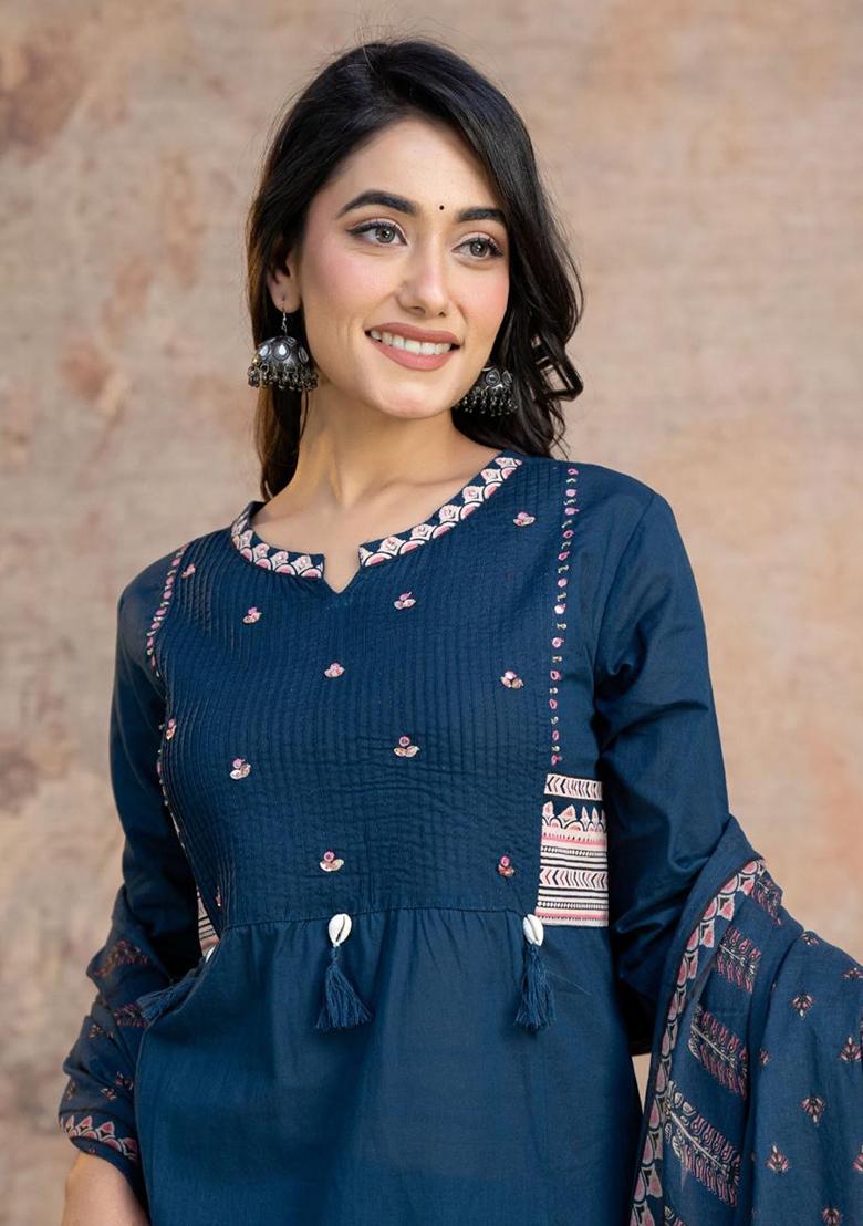 Blue Embroidery Cotton Kurta Set - Indya