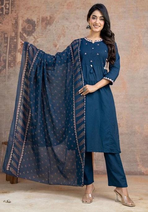 Blue Embroidery Cotton Kurta Set