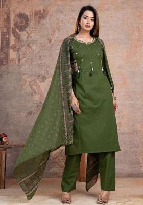 Green Embroidery Cotton Kurta Set