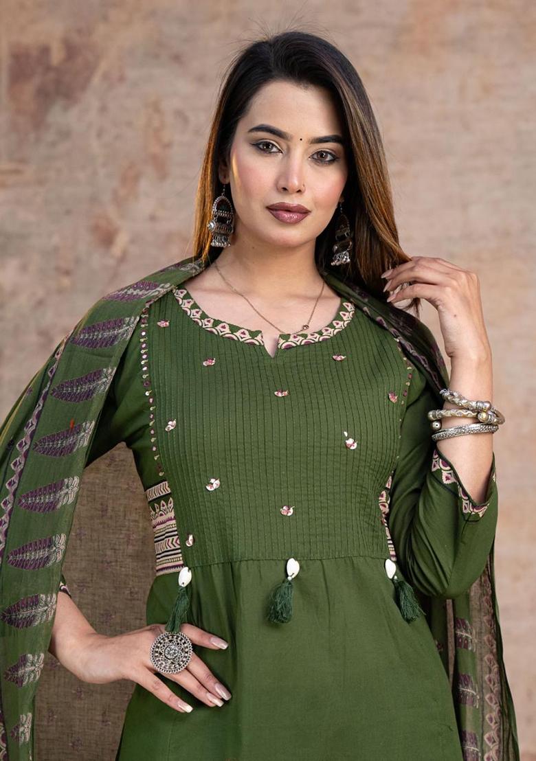 Green Embroidery Cotton Kurta Set - Indya