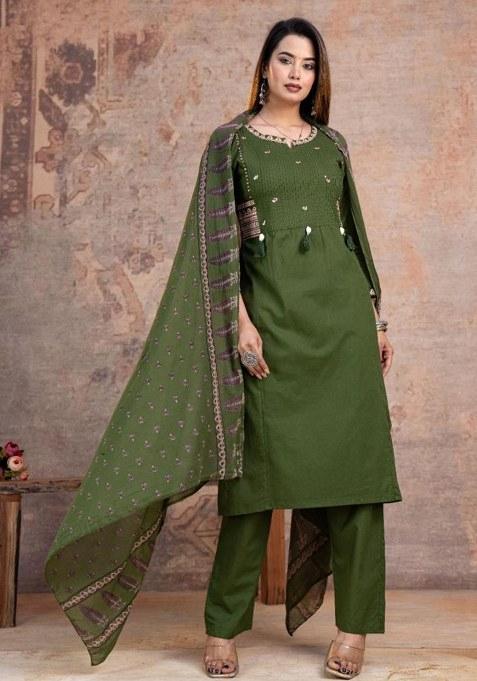 Green Embroidery Cotton Kurta Set