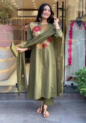 Green Embroidery Cotton Kurta Set