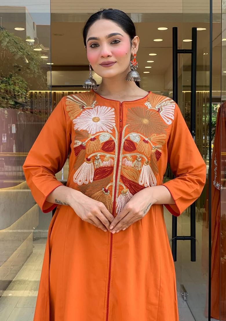 Rust Embroidery Cotton Kurta Set - Indya