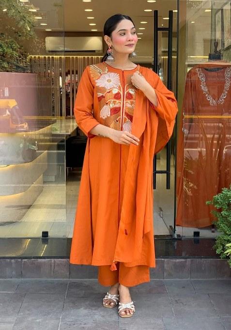 Rust Embroidery Cotton Kurta Set