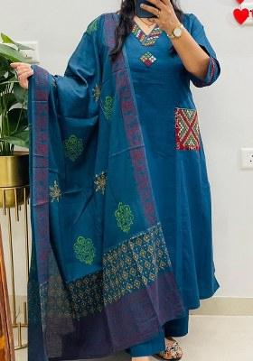 Blue Embroidery Cotton Kurta Set
