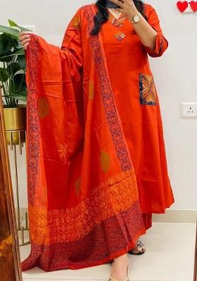 Rust Embroidery Cotton Kurta Set