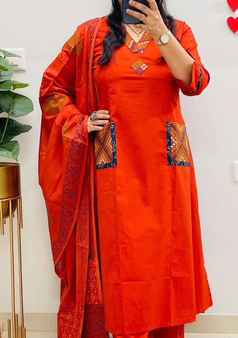 Rust Embroidery Cotton Kurta Set - Indya