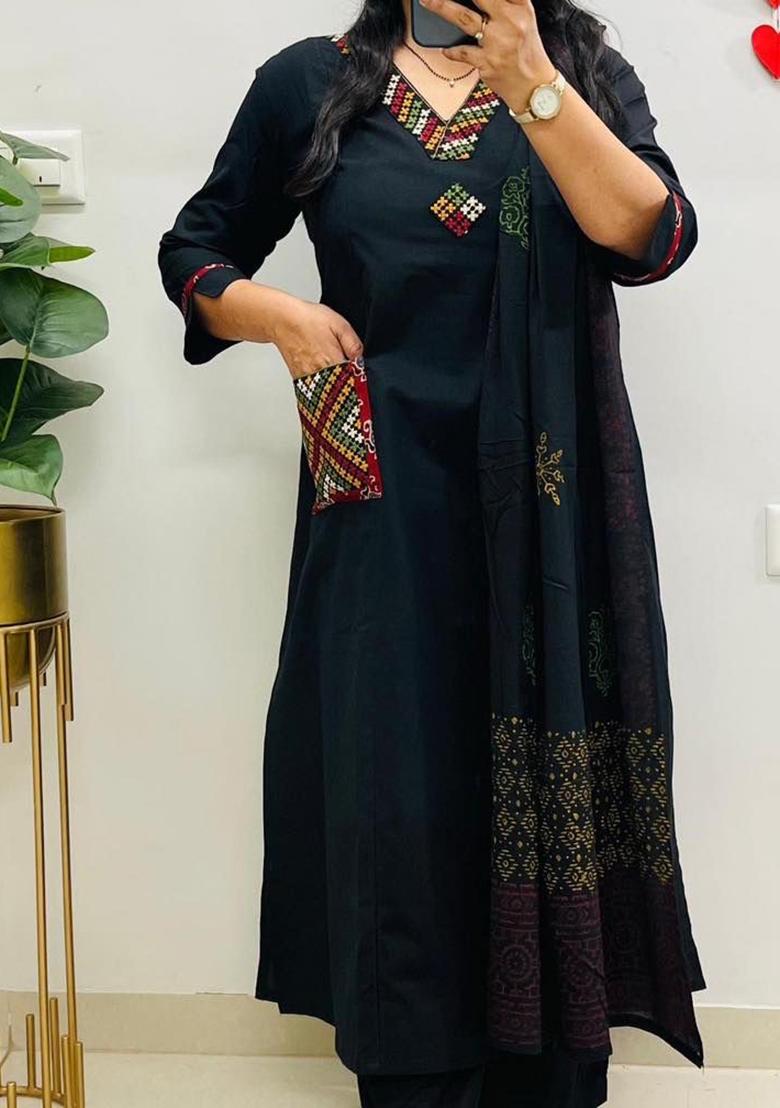 Black Embroidery Cotton Kurta Set - Indya