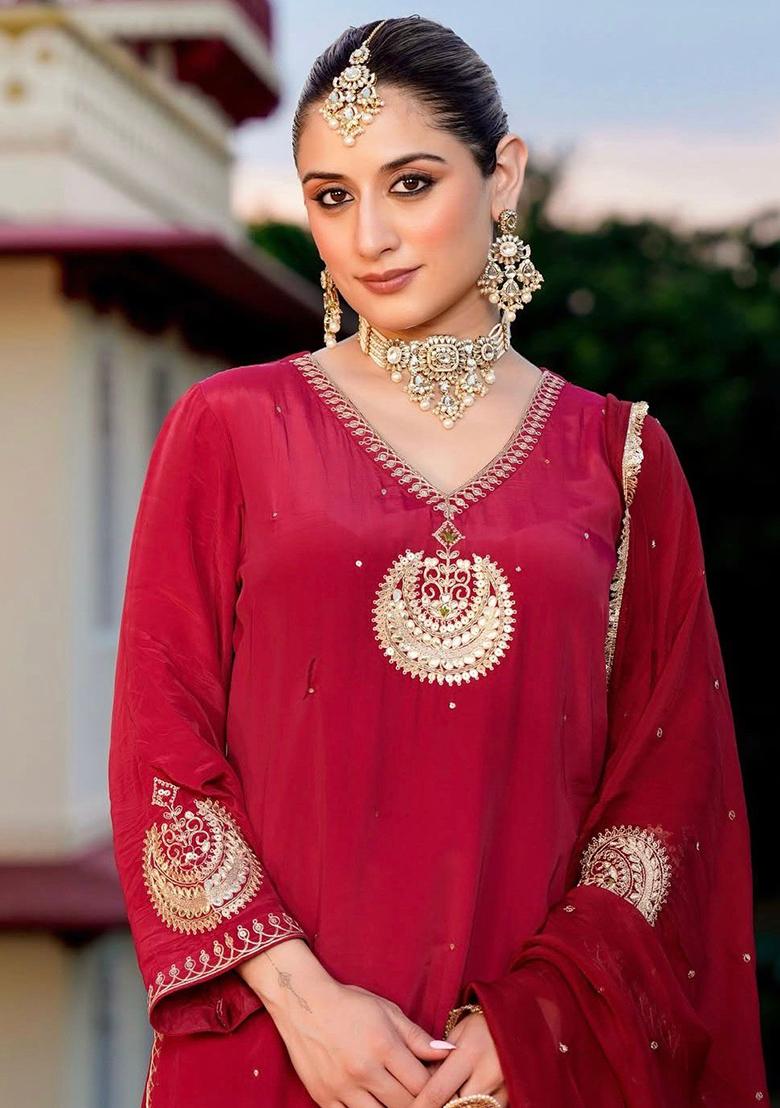 Red Embroidery Chinon Kurta Set - Indya