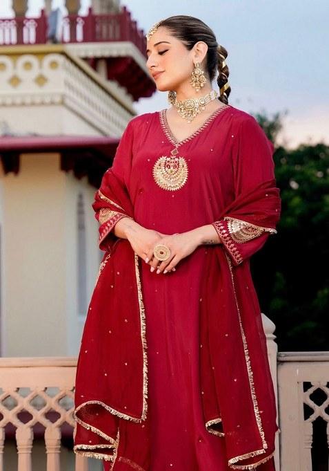 Red Embroidery Chinon Kurta Set