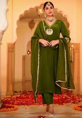 Green Embroidery Chinon Kurta Set