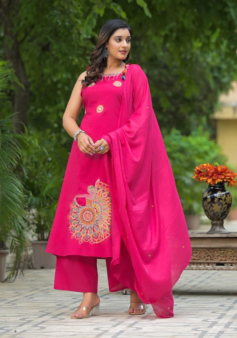 Pink Embroidery Cotton Kurta Set - Indya