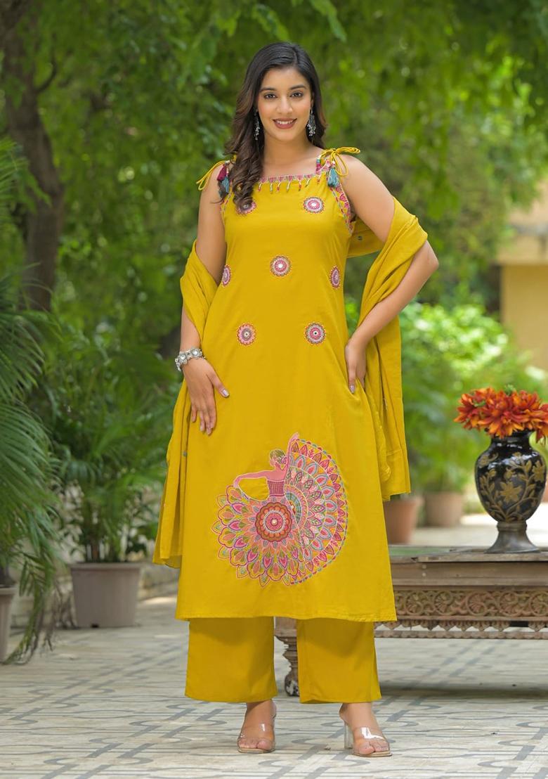 Yellow Embroidery Cotton Kurta Set - Indya
