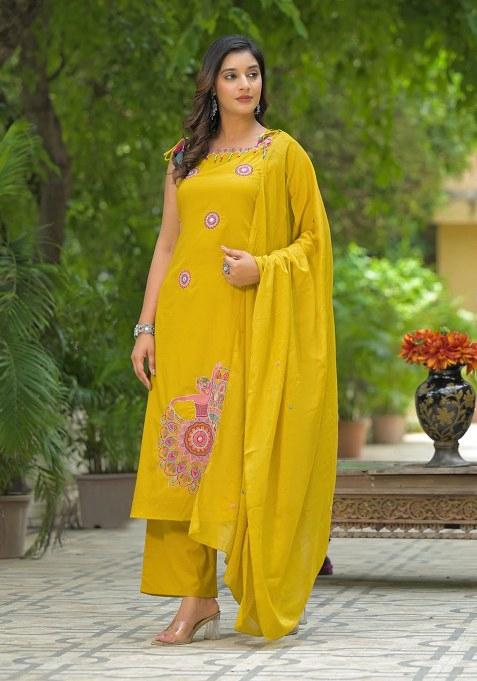 Yellow Embroidery Cotton Kurta Set