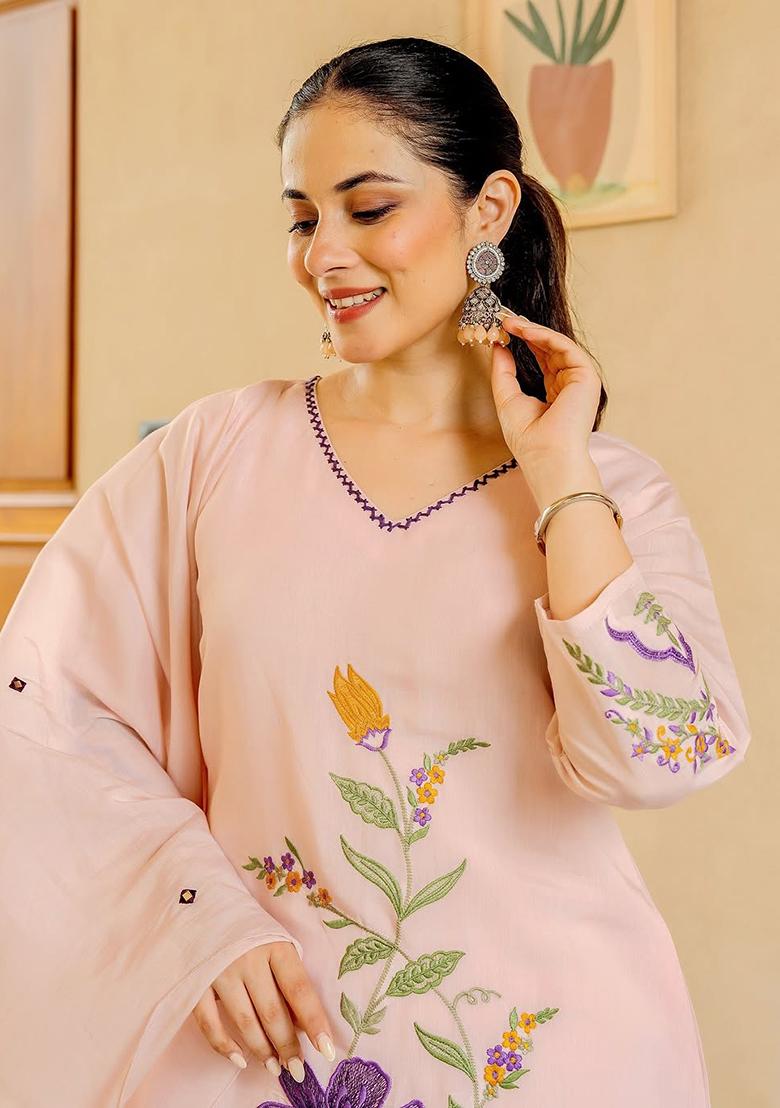 Cream Embroidery Cotton Kurta Set - Indya