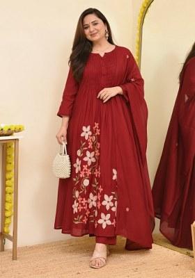 Red Embroidery Cotton Kurta Set