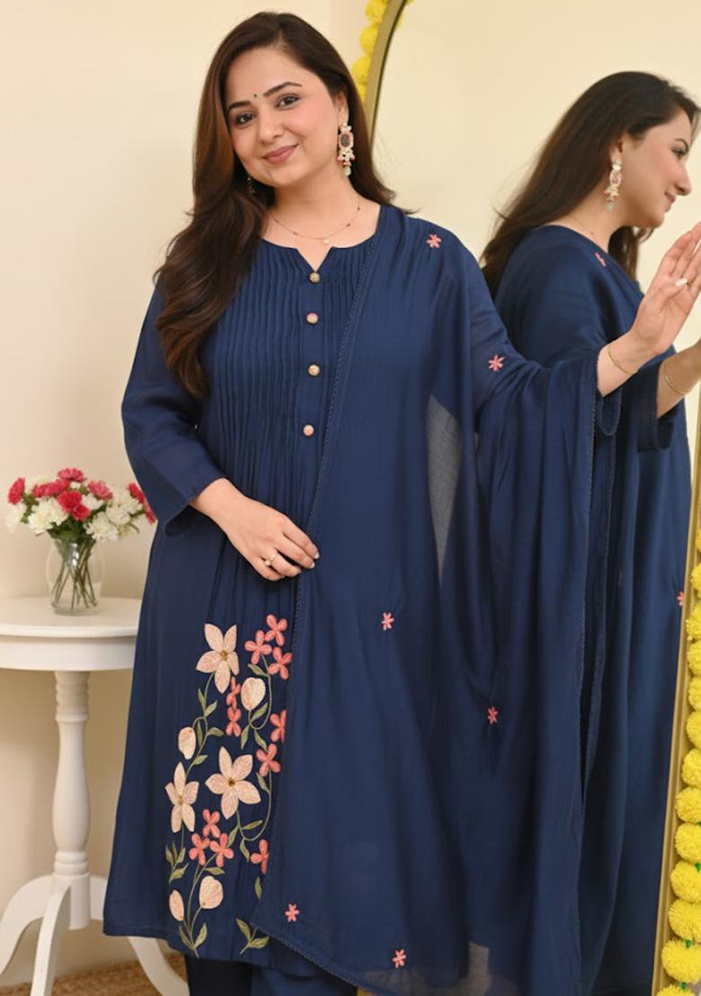 Blue Embroidery Cotton Kurta Set - Indya