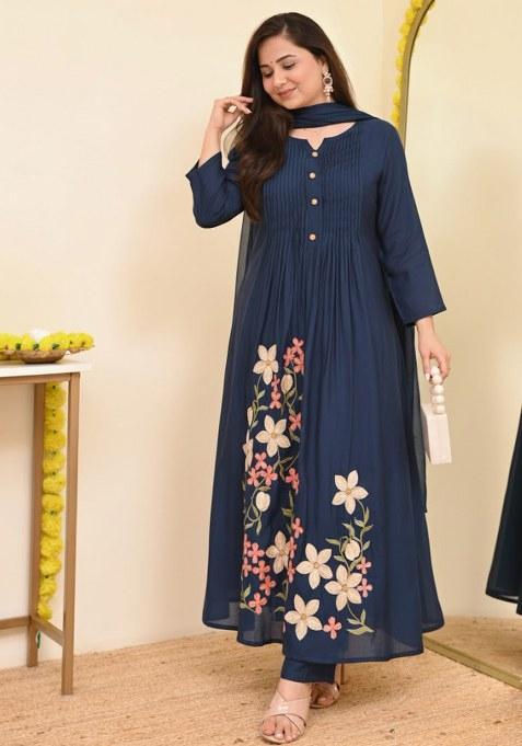 Blue Embroidery Cotton Kurta Set