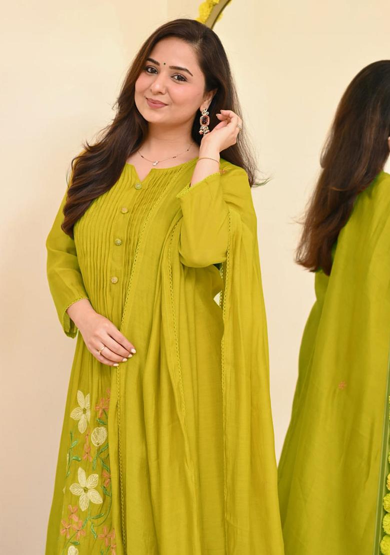 Yellow Embroidery Cotton Kurta Set - Indya