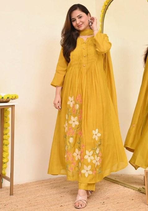 Yellow Embroidery Cotton Kurta Set