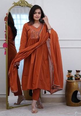 Brown Embroidery Cotton Kurta Set