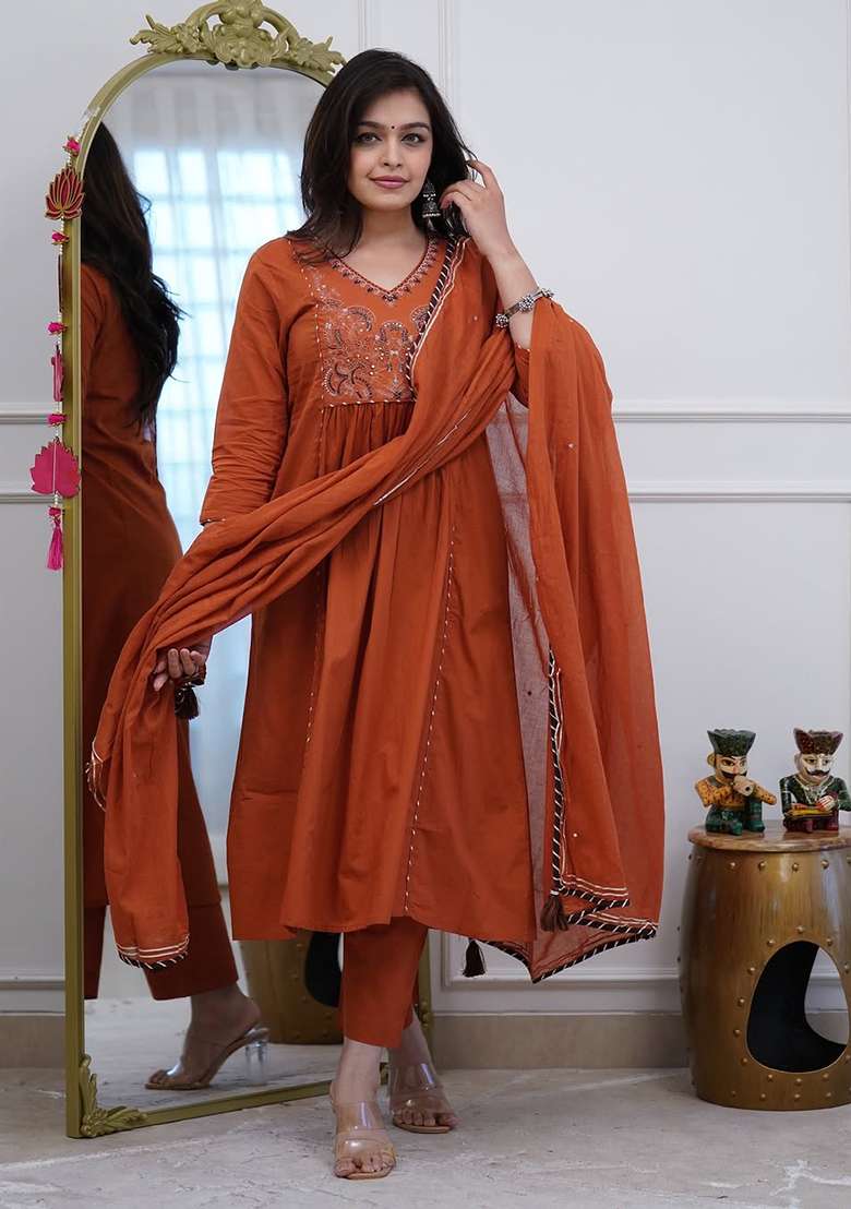 Brown Embroidery Cotton Kurta Set - Indya
