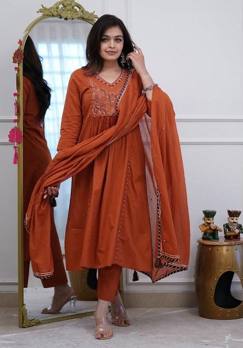 Brown Embroidery Cotton Kurta Set