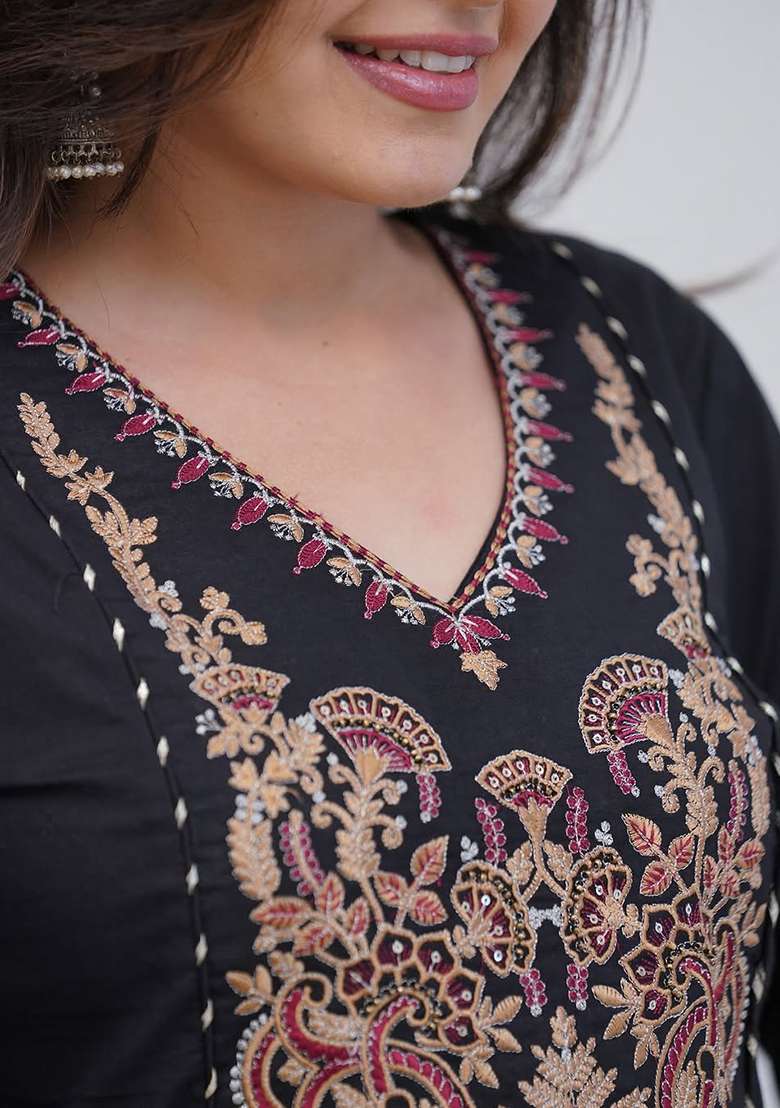 Black Embroidery Cotton Kurta Set - Indya