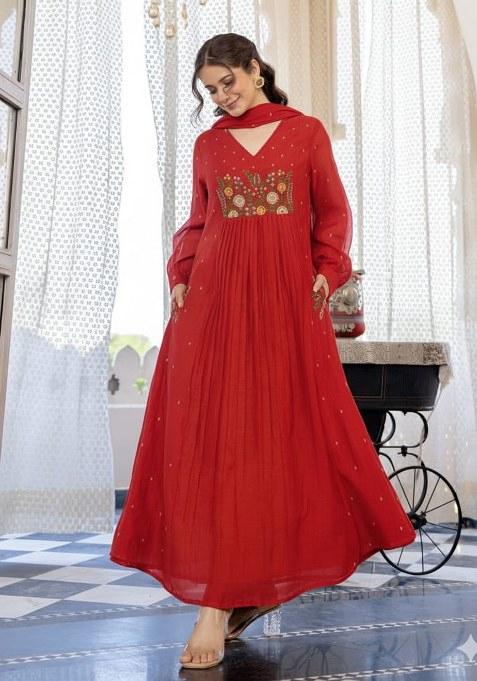 Red Embroidery Cotton Kurta Set