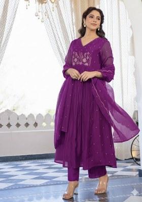 Purple Embroidery Cotton Kurta Set