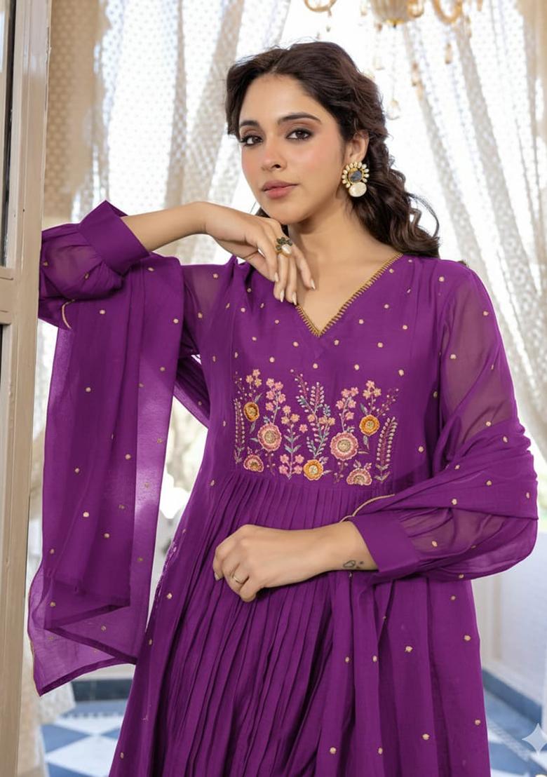 Purple Embroidery Cotton Kurta Set - Indya