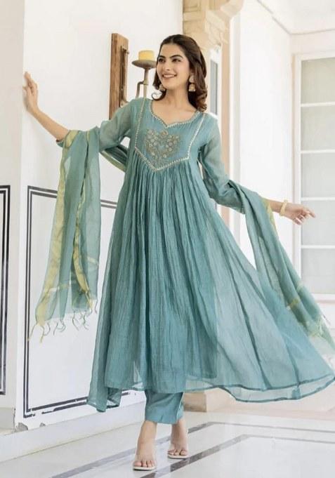 Blue Embroidery Cotton Kurta Set