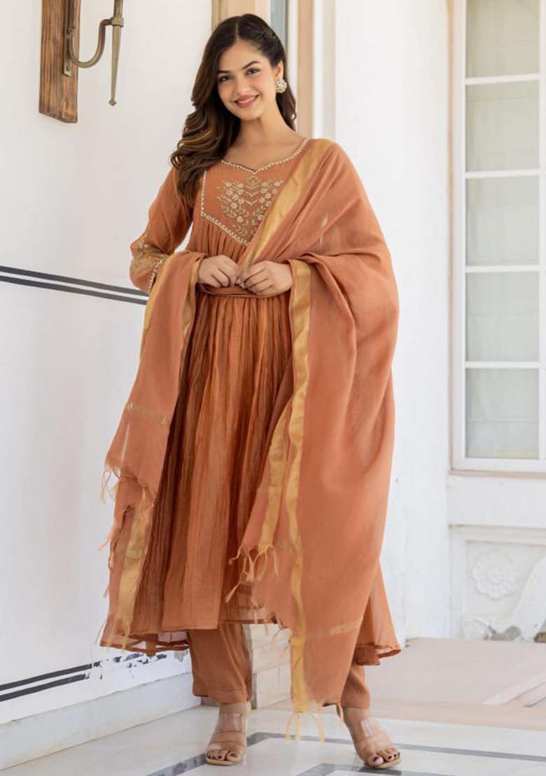 Brown Embroidery Cotton Kurta Set - Indya