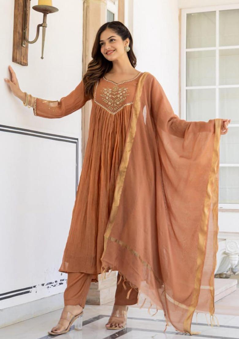 Brown Embroidery Cotton Kurta Set - Indya