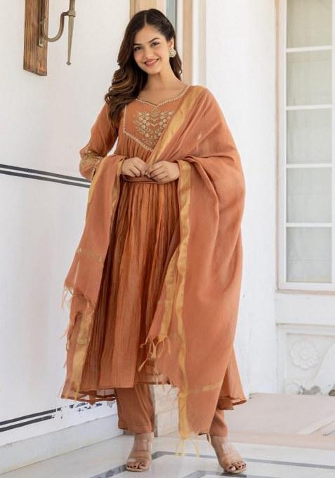 Brown Embroidery Cotton Kurta Set