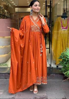Rust Embroidery Cotton Kurta Set
