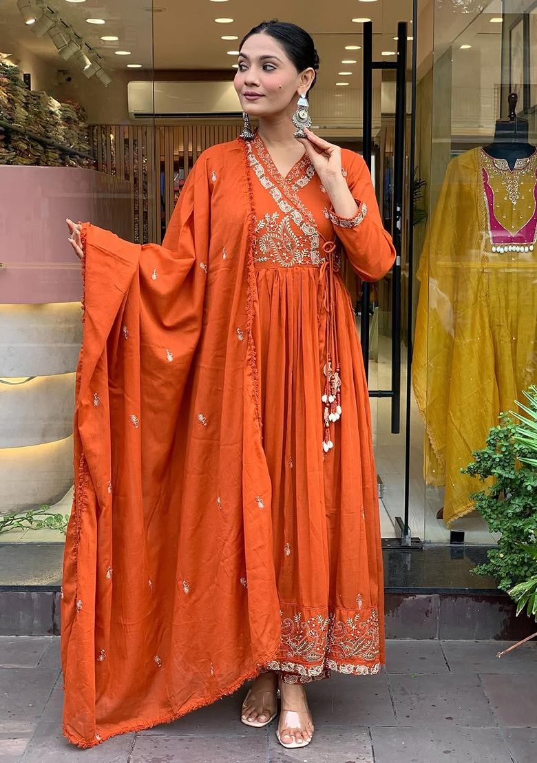 Rust Embroidery Cotton Kurta Set - Indya