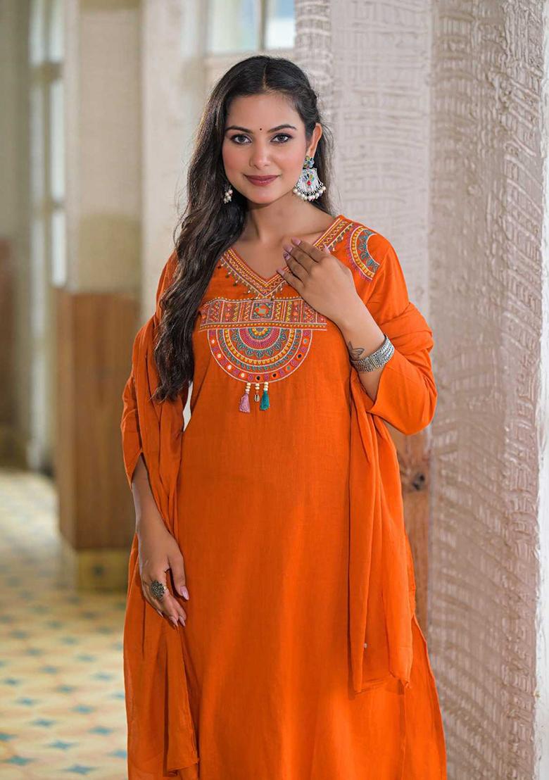 Rust Embroidery Cotton Kurta Set - Indya