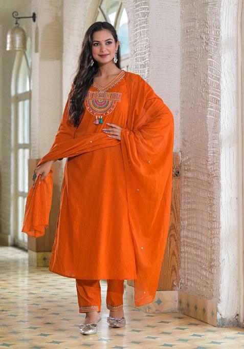 Rust Embroidery Cotton Kurta Set
