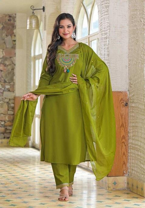 Green Embroidery Cotton Kurta Set