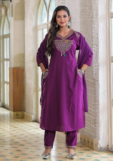 Blue Embroidery Cotton Kurta Set