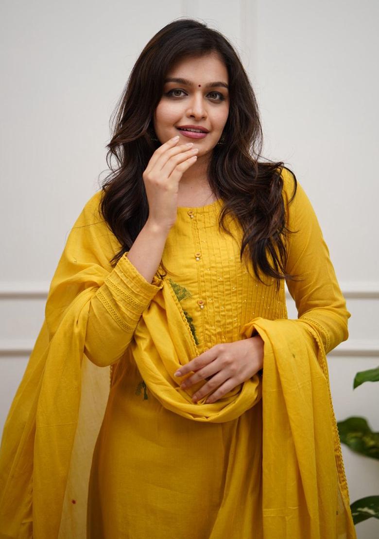 Yellow Embroidery Cotton Kurta Set - Indya