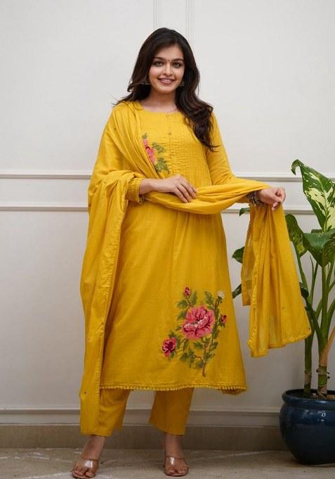 Yellow Embroidery Cotton Kurta Set