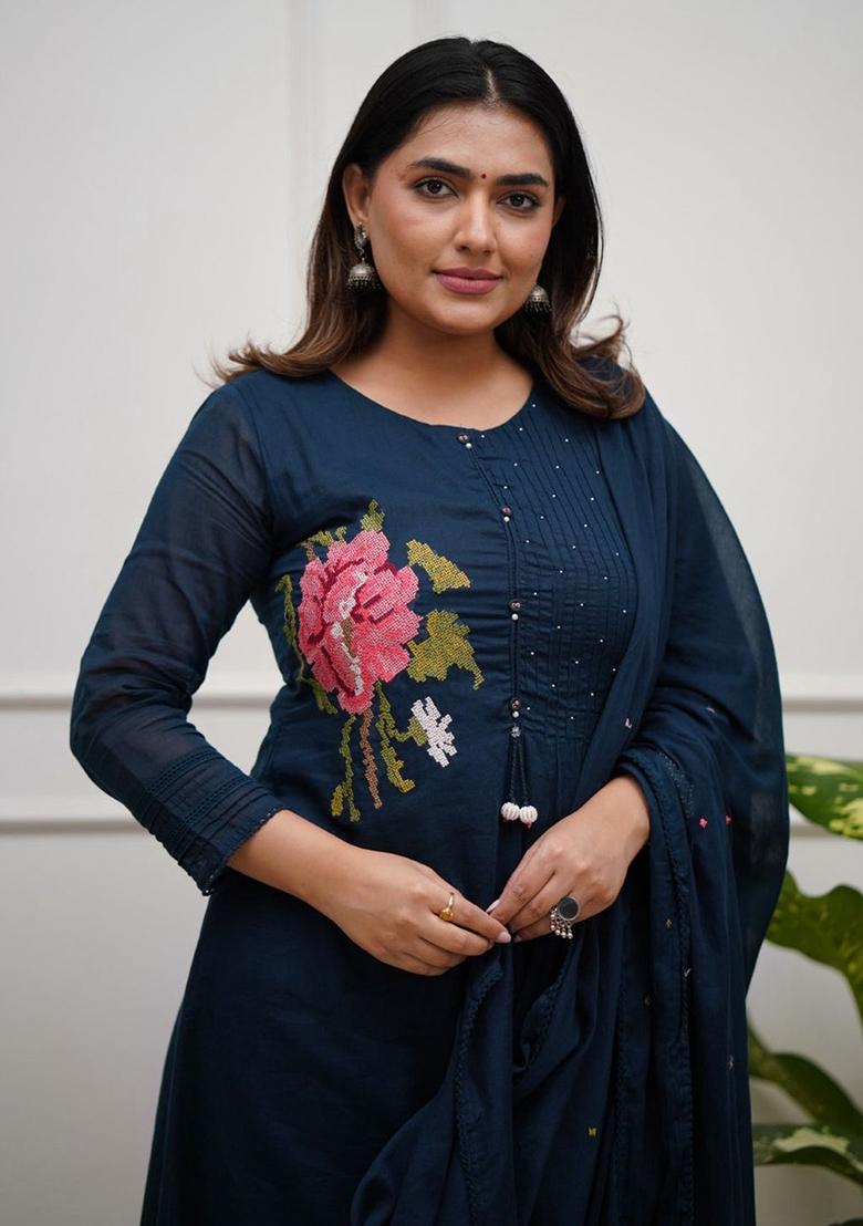 Blue Embroidery Cotton Kurta Set - Indya