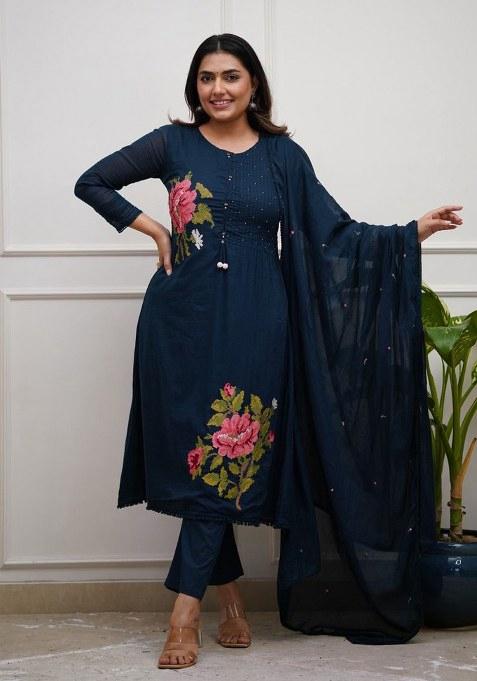 Blue Embroidery Cotton Kurta Set