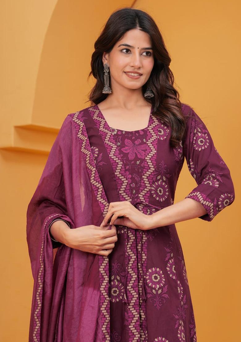Purple Printed Cotton Kurta Set - Indya