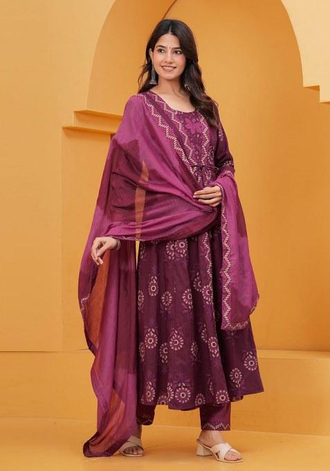 Purple Printed Cotton Kurta Set