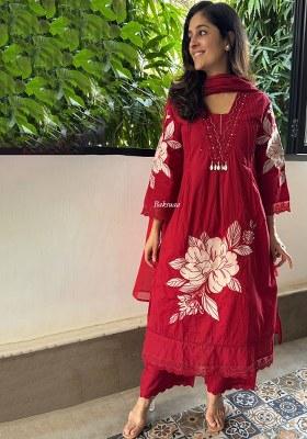 Maroon Embroidery Cotton Kurta Set