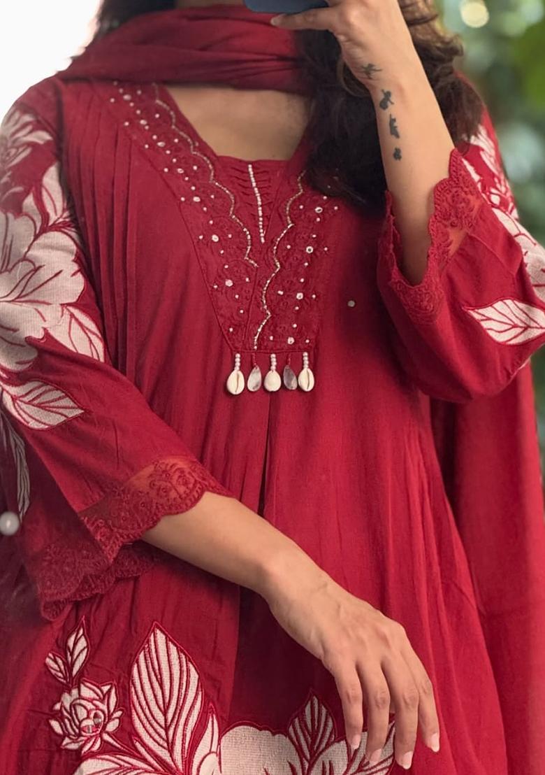 Maroon Embroidery Cotton Kurta Set - Indya